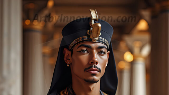 King Tutankhamun - Egyptian Pharaoh. An AI generated photo of the teenaged Egyptian Faro standing proud. Wearing a shendyt, leaving the legs & hips exposed, an elaborate headdresses, arm cuffs, and jewelry, to symbolize his power and divine status. The young Egyptian Faro is in an Grand Egyptian temple with golden pillars and vibrantly colored Egyptian hieroglyphs.