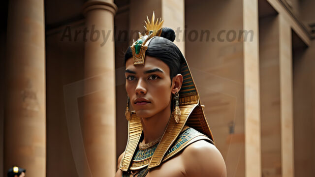 King Tutankhamun - Egyptian Pharaoh. An AI generated photo of the teenaged Egyptian Faro standing proud. Wearing a shendyt, leaving the legs & hips exposed, an elaborate headdresses, arm cuffs, and jewelry, to symbolize his power and divine status. The young Egyptian Faro is in an Grand Egyptian temple with golden pillars and vibrantly colored Egyptian hieroglyphs.
