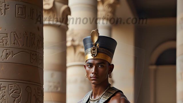 King Tutankhamun - Egyptian Pharaoh. An AI generated photo of the teenaged Egyptian Faro standing proud. Wearing a shendyt, leaving the legs & hips exposed, an elaborate headdresses, arm cuffs, and jewelry, to symbolize his power and divine status. The young Egyptian Faro is in an Grand Egyptian temple with golden pillars and vibrantly colored Egyptian hieroglyphs.