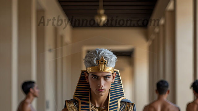 King Tutankhamun - Egyptian Pharaoh. An AI generated photo of the teenaged Egyptian Faro standing proud. Wearing a shendyt, leaving the legs & hips exposed, an elaborate headdresses, arm cuffs, and jewelry, to symbolize his power and divine status. The young Egyptian Faro is in an Grand Egyptian temple with golden pillars and vibrantly colored Egyptian hieroglyphs.