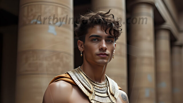King Tutankhamun - Egyptian Pharaoh. An AI generated photo of the teenaged Egyptian Faro standing proud. Wearing a shendyt, leaving the legs & hips exposed, an elaborate headdresses, arm cuffs, and jewelry, to symbolize his power and divine status. The young Egyptian Faro is in an Grand Egyptian temple with golden pillars and vibrantly colored Egyptian hieroglyphs.