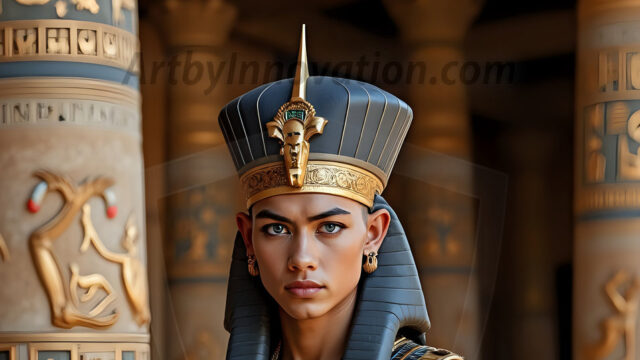 King Tutankhamun - Egyptian Pharaoh. An AI generated photo of the teenaged Egyptian Faro standing proud. Wearing a shendyt, leaving the legs & hips exposed, an elaborate headdresses, arm cuffs, and jewelry, to symbolize his power and divine status. The young Egyptian Faro is in an Grand Egyptian temple with golden pillars and vibrantly colored Egyptian hieroglyphs.
