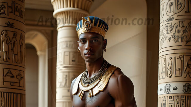 King Tutankhamun - Egyptian Pharaoh. An AI generated photo of the teenaged Egyptian Faro standing proud. Wearing a shendyt, leaving the legs & hips exposed, an elaborate headdresses, arm cuffs, and jewelry, to symbolize his power and divine status. The young Egyptian Faro is in an Grand Egyptian temple with golden pillars and vibrantly colored Egyptian hieroglyphs.
