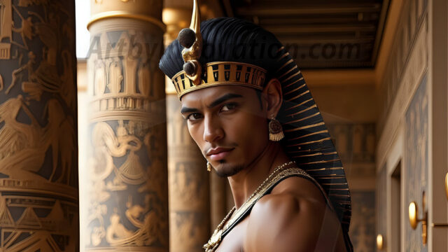 King Tutankhamun - Egyptian Pharaoh. An AI generated photo of the teenaged Egyptian Faro standing proud. Wearing a shendyt, leaving the legs & hips exposed, an elaborate headdresses, arm cuffs, and jewelry, to symbolize his power and divine status. The young Egyptian Faro is in an Grand Egyptian temple with golden pillars and vibrantly colored Egyptian hieroglyphs.
