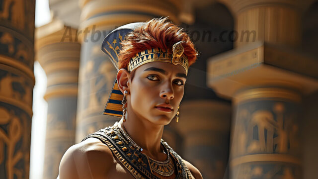 King Tutankhamun - Egyptian Pharaoh. An AI generated photo of the teenaged Egyptian Faro standing proud. Wearing a shendyt, leaving the legs & hips exposed, an elaborate headdresses, arm cuffs, and jewelry, to symbolize his power and divine status. The young Egyptian Faro is in an Grand Egyptian temple with golden pillars and vibrantly colored Egyptian hieroglyphs.