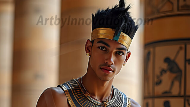 King Tutankhamun - Egyptian Pharaoh. An AI generated photo of the teenaged Egyptian Faro standing proud. Wearing a shendyt, leaving the legs & hips exposed, an elaborate headdresses, arm cuffs, and jewelry, to symbolize his power and divine status. The young Egyptian Faro is in an Grand Egyptian temple with golden pillars and vibrantly colored Egyptian hieroglyphs.