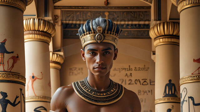 King Tutankhamun - Egyptian Pharaoh. An AI generated photo of the teenaged Egyptian Faro standing proud. Wearing a shendyt, leaving the legs & hips exposed, an elaborate headdresses, arm cuffs, and jewelry, to symbolize his power and divine status. The young Egyptian Faro is in an Grand Egyptian temple with golden pillars and vibrantly colored Egyptian hieroglyphs.