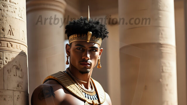 King Tutankhamun - Egyptian Pharaoh. An AI generated photo of the teenaged Egyptian Faro standing proud. Wearing a shendyt, leaving the legs & hips exposed, an elaborate headdresses, arm cuffs, and jewelry, to symbolize his power and divine status. The young Egyptian Faro is in an Grand Egyptian temple with golden pillars and vibrantly colored Egyptian hieroglyphs.