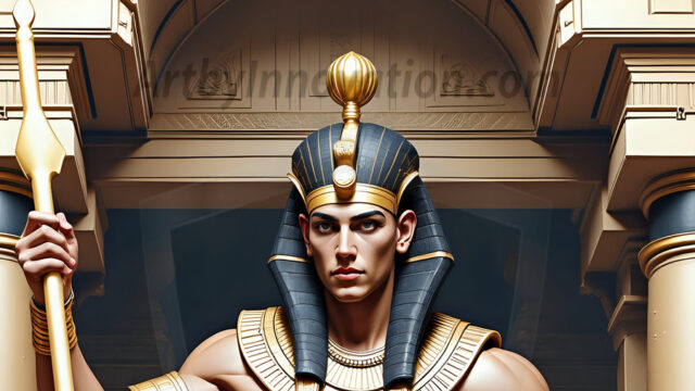 King Tutankhamun - Egyptian Pharaoh. An AI generated photo of the teenaged Egyptian Faro standing proud. Wearing a shendyt, leaving the legs & hips exposed, an elaborate headdresses, arm cuffs, and jewelry, to symbolize his power and divine status. The young Egyptian Faro is in an Grand Egyptian temple with golden pillars and vibrantly colored Egyptian hieroglyphs.