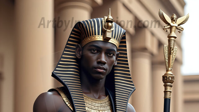 King Tutankhamun - Egyptian Pharaoh. An AI generated photo of the teenaged Egyptian Faro standing proud. Wearing a shendyt, leaving the legs & hips exposed, an elaborate headdresses, arm cuffs, and jewelry, to symbolize his power and divine status. The young Egyptian Faro is in an Grand Egyptian temple with golden pillars and vibrantly colored Egyptian hieroglyphs.