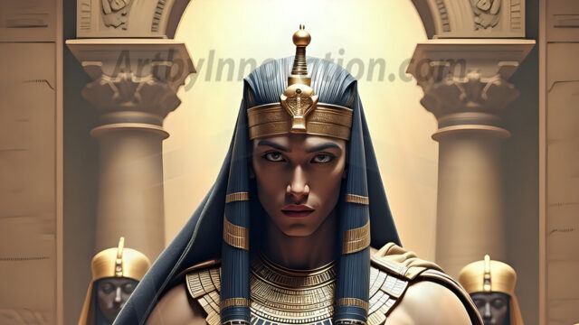 King Tutankhamun - Egyptian Pharaoh. An AI generated photo of the teenaged Egyptian Faro standing proud. Wearing a shendyt, leaving the legs & hips exposed, an elaborate headdresses, arm cuffs, and jewelry, to symbolize his power and divine status. The young Egyptian Faro is in an Grand Egyptian temple with golden pillars and vibrantly colored Egyptian hieroglyphs.