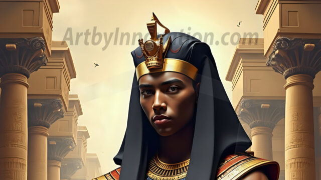 King Tutankhamun - Egyptian Pharaoh. An AI generated photo of the teenaged Egyptian Faro standing proud. Wearing a shendyt, leaving the legs & hips exposed, an elaborate headdresses, arm cuffs, and jewelry, to symbolize his power and divine status. The young Egyptian Faro is in an Grand Egyptian temple with golden pillars and vibrantly colored Egyptian hieroglyphs.