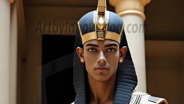 King Tutankhamun - Egyptian Pharaoh. An AI generated photo of the teenaged Egyptian Faro standing proud. Wearing a shendyt, leaving the legs & hips exposed, an elaborate headdresses, arm cuffs, and jewelry, to symbolize his power and divine status. The young Egyptian Faro is in an Grand Egyptian temple with golden pillars and vibrantly colored Egyptian hieroglyphs.