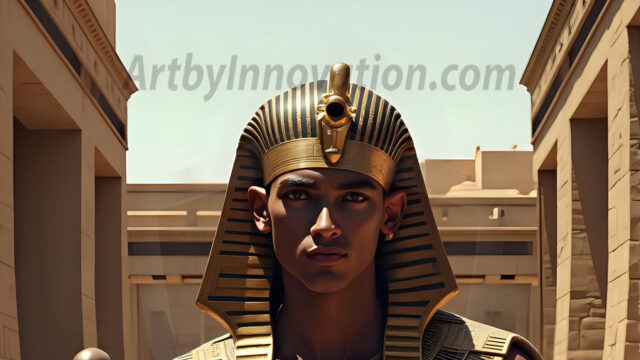 King Tutankhamun - Egyptian Pharaoh. An AI generated photo of the teenaged Egyptian Faro standing proud. Wearing a shendyt, leaving the legs & hips exposed, an elaborate headdresses, arm cuffs, and jewelry, to symbolize his power and divine status. The young Egyptian Faro is in an Grand Egyptian temple with golden pillars and vibrantly colored Egyptian hieroglyphs.