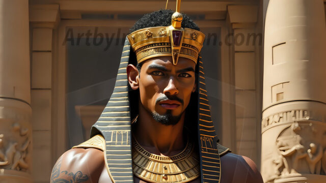 King Tutankhamun - Egyptian Pharaoh. An AI generated photo of the teenaged Egyptian Faro standing proud. Wearing a shendyt, leaving the legs & hips exposed, an elaborate headdresses, arm cuffs, and jewelry, to symbolize his power and divine status. The young Egyptian Faro is in an Grand Egyptian temple with golden pillars and vibrantly colored Egyptian hieroglyphs.