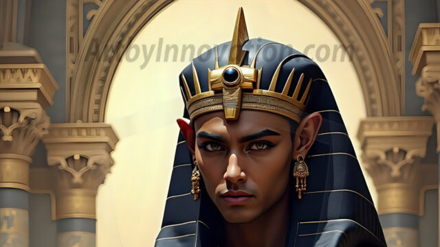 King Tutankhamun - Egyptian Pharaoh. An AI generated photo of the teenaged Egyptian Faro standing proud. Wearing a shendyt, leaving the legs & hips exposed, an elaborate headdresses, arm cuffs, and jewelry, to symbolize his power and divine status. The young Egyptian Faro is in an Grand Egyptian temple with golden pillars and vibrantly colored Egyptian hieroglyphs.