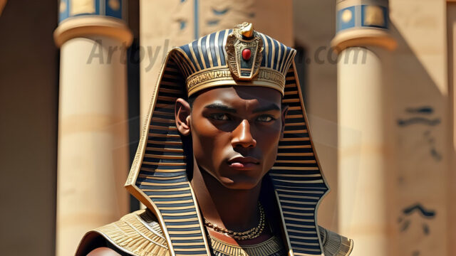 King Tutankhamun - Egyptian Pharaoh. An AI generated photo of the teenaged Egyptian Faro standing proud. Wearing a shendyt, leaving the legs & hips exposed, an elaborate headdresses, arm cuffs, and jewelry, to symbolize his power and divine status. The young Egyptian Faro is in an Grand Egyptian temple with golden pillars and vibrantly colored Egyptian hieroglyphs.