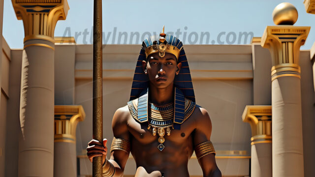 King Tutankhamun - Egyptian Pharaoh. An AI generated photo of the teenaged Egyptian Faro standing proud. Wearing a shendyt, leaving the legs & hips exposed, an elaborate headdresses, arm cuffs, and jewelry, to symbolize his power and divine status. The young Egyptian Faro is in an Grand Egyptian temple with golden pillars and vibrantly colored Egyptian hieroglyphs.