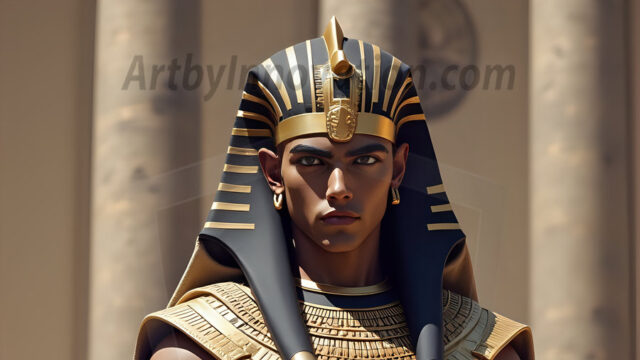 King Tutankhamun - Egyptian Pharaoh. An AI generated photo of the teenaged Egyptian Faro standing proud. Wearing a shendyt, leaving the legs & hips exposed, an elaborate headdresses, arm cuffs, and jewelry, to symbolize his power and divine status. The young Egyptian Faro is in an Grand Egyptian temple with golden pillars and vibrantly colored Egyptian hieroglyphs.