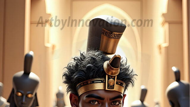 King Tutankhamun - Egyptian Pharaoh. An AI generated photo of the teenaged Egyptian Faro standing proud. Wearing a shendyt, leaving the legs & hips exposed, an elaborate headdresses, arm cuffs, and jewelry, to symbolize his power and divine status. The young Egyptian Faro is in an Grand Egyptian temple with golden pillars and vibrantly colored Egyptian hieroglyphs.