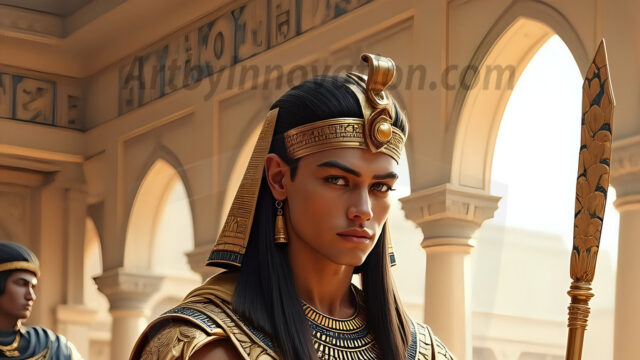 King Tutankhamun - Egyptian Pharaoh. An AI generated photo of the teenaged Egyptian Faro standing proud. Wearing a shendyt, leaving the legs & hips exposed, an elaborate headdresses, arm cuffs, and jewelry, to symbolize his power and divine status. The young Egyptian Faro is in an Grand Egyptian temple with golden pillars and vibrantly colored Egyptian hieroglyphs.