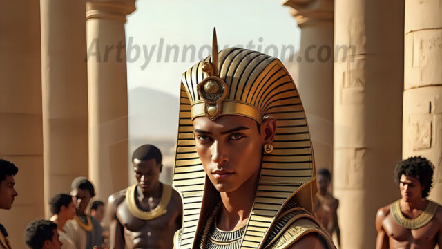King Tutankhamun - Egyptian Pharaoh. An AI generated photo of the teenaged Egyptian Faro standing proud. Wearing a shendyt, leaving the legs & hips exposed, an elaborate headdresses, arm cuffs, and jewelry, to symbolize his power and divine status. The young Egyptian Faro is in an Grand Egyptian temple with golden pillars and vibrantly colored Egyptian hieroglyphs.