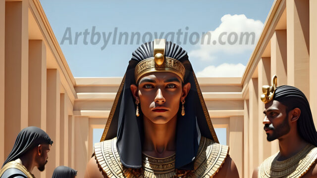 King Tutankhamun - Egyptian Pharaoh. An AI generated photo of the teenaged Egyptian Faro standing proud. Wearing a shendyt, leaving the legs & hips exposed, an elaborate headdresses, arm cuffs, and jewelry, to symbolize his power and divine status. The young Egyptian Faro is in an Grand Egyptian temple with golden pillars and vibrantly colored Egyptian hieroglyphs.