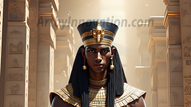 King Tutankhamun - Egyptian Pharaoh. An AI generated photo of the teenaged Egyptian Faro standing proud. Wearing a shendyt, leaving the legs & hips exposed, an elaborate headdresses, arm cuffs, and jewelry, to symbolize his power and divine status. The young Egyptian Faro is in an Grand Egyptian temple with golden pillars and vibrantly colored Egyptian hieroglyphs.