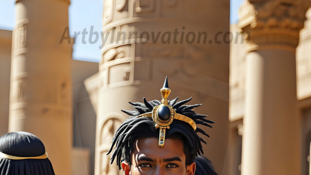 King Tutankhamun - Egyptian Pharaoh. An AI generated photo of the teenaged Egyptian Faro standing proud. Wearing a shendyt, leaving the legs & hips exposed, an elaborate headdresses, arm cuffs, and jewelry, to symbolize his power and divine status. The young Egyptian Faro is in an Grand Egyptian temple with golden pillars and vibrantly colored Egyptian hieroglyphs.