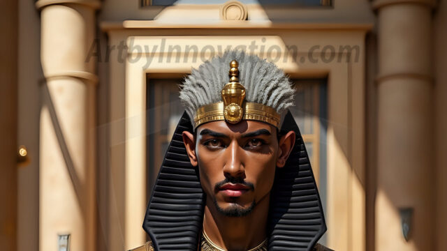 King Tutankhamun - Egyptian Pharaoh. An AI generated photo of the teenaged Egyptian Faro standing proud. Wearing a shendyt, leaving the legs & hips exposed, an elaborate headdresses, arm cuffs, and jewelry, to symbolize his power and divine status. The young Egyptian Faro is in an Grand Egyptian temple with golden pillars and vibrantly colored Egyptian hieroglyphs.