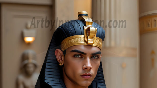 King Tutankhamun - Egyptian Pharaoh. An AI generated photo of the teenaged Egyptian Faro standing proud. Wearing a shendyt, leaving the legs & hips exposed, an elaborate headdresses, arm cuffs, and jewelry, to symbolize his power and divine status. The young Egyptian Faro is in an Grand Egyptian temple with golden pillars and vibrantly colored Egyptian hieroglyphs.