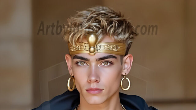 King Tutankhamun - Egyptian Pharaoh. An AI generated photo of the teenaged Egyptian Faro standing proud. Wearing a shendyt, leaving the legs & hips exposed, an elaborate headdresses, arm cuffs, and jewelry, to symbolize his power and divine status. The young Egyptian Faro is in an Grand Egyptian temple with golden pillars and vibrantly colored Egyptian hieroglyphs.