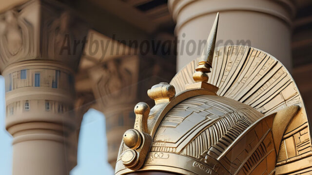 King Tutankhamun - Egyptian Pharaoh. An AI generated photo of the teenaged Egyptian Faro standing proud. Wearing a shendyt, leaving the legs & hips exposed, an elaborate headdresses, arm cuffs, and jewelry, to symbolize his power and divine status. The young Egyptian Faro is in an Grand Egyptian temple with golden pillars and vibrantly colored Egyptian hieroglyphs.