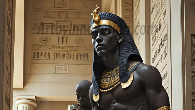 King Tutankhamun - Egyptian Pharaoh. An AI generated photo of the teenaged Egyptian Faro standing proud. Wearing a shendyt, leaving the legs & hips exposed, an elaborate headdresses, arm cuffs, and jewelry, to symbolize his power and divine status. The young Egyptian Faro is in an Grand Egyptian temple with golden pillars and vibrantly colored Egyptian hieroglyphs.