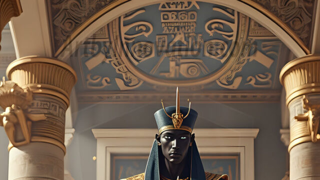 King Tutankhamun - Egyptian Pharaoh. An AI generated photo of the teenaged Egyptian Faro standing proud. Wearing a shendyt, leaving the legs & hips exposed, an elaborate headdresses, arm cuffs, and jewelry, to symbolize his power and divine status. The young Egyptian Faro is in an Grand Egyptian temple with golden pillars and vibrantly colored Egyptian hieroglyphs.