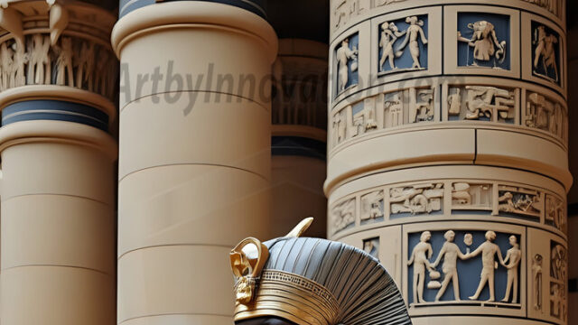 King Tutankhamun - Egyptian Pharaoh. An AI generated photo of the teenaged Egyptian Faro standing proud. Wearing a shendyt, leaving the legs & hips exposed, an elaborate headdresses, arm cuffs, and jewelry, to symbolize his power and divine status. The young Egyptian Faro is in an Grand Egyptian temple with golden pillars and vibrantly colored Egyptian hieroglyphs.