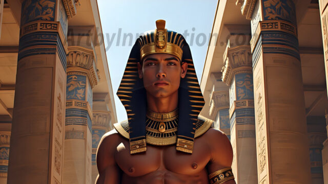 King Tutankhamun - Egyptian Pharaoh. An AI generated photo of the teenaged Egyptian Faro standing proud. Wearing a shendyt, leaving the legs & hips exposed, an elaborate headdresses, arm cuffs, and jewelry, to symbolize his power and divine status. The young Egyptian Faro is in an Grand Egyptian temple with golden pillars and vibrantly colored Egyptian hieroglyphs.