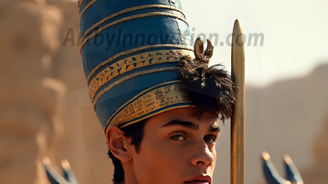 King Tutankhamun - Egyptian Pharaoh. An AI generated photo of the teenaged Egyptian Faro standing proud. Wearing a shendyt, leaving the legs & hips exposed, an elaborate headdresses, arm cuffs, and jewelry, to symbolize his power and divine status. The young Egyptian Faro is in an Grand Egyptian temple with golden pillars and vibrantly colored Egyptian hieroglyphs.