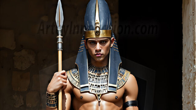 King Tutankhamun - Egyptian Pharaoh. An AI generated photo of the teenaged Egyptian Faro standing proud. Wearing a shendyt, leaving the legs & hips exposed, an elaborate headdresses, arm cuffs, and jewelry, to symbolize his power and divine status. The young Egyptian Faro is in an Grand Egyptian temple with golden pillars and vibrantly colored Egyptian hieroglyphs.