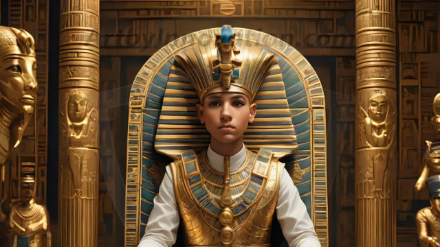King Tutankhamun - Egyptian Pharaoh. An AI generated photo of the teenaged Egyptian Faro standing proud. Wearing a shendyt, leaving the legs & hips exposed, an elaborate headdresses, arm cuffs, and jewelry, to symbolize his power and divine status. The young Egyptian Faro is in an Grand Egyptian temple with golden pillars and vibrantly colored Egyptian hieroglyphs.