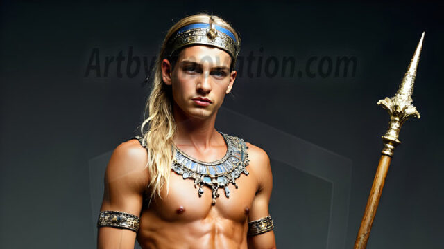 King Tutankhamun - Egyptian Pharaoh. An AI generated photo of the teenaged Egyptian Faro standing proud. Wearing a shendyt, leaving the legs & hips exposed, an elaborate headdresses, arm cuffs, and jewelry, to symbolize his power and divine status. The young Egyptian Faro is in an Grand Egyptian temple with golden pillars and vibrantly colored Egyptian hieroglyphs.