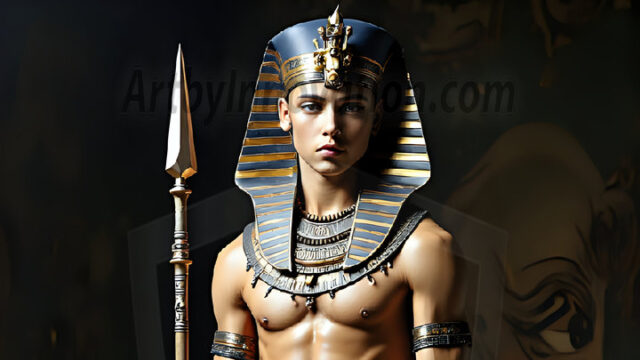King Tutankhamun - Egyptian Pharaoh. An AI generated photo of the teenaged Egyptian Faro standing proud. Wearing a shendyt, leaving the legs & hips exposed, an elaborate headdresses, arm cuffs, and jewelry, to symbolize his power and divine status. The young Egyptian Faro is in an Grand Egyptian temple with golden pillars and vibrantly colored Egyptian hieroglyphs.