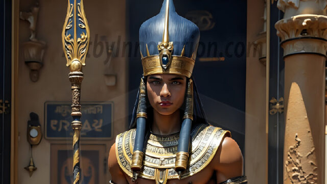 King Tutankhamun - Egyptian Pharaoh. An AI generated photo of the teenaged Egyptian Faro standing proud. Wearing a shendyt, leaving the legs & hips exposed, an elaborate headdresses, arm cuffs, and jewelry, to symbolize his power and divine status. The young Egyptian Faro is in an Grand Egyptian temple with golden pillars and vibrantly colored Egyptian hieroglyphs.