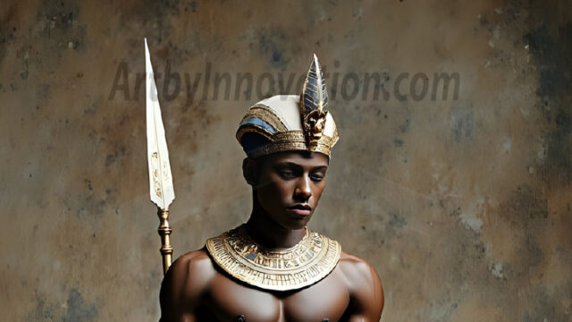 King Tutankhamun - Egyptian Pharaoh. An AI generated photo of the teenaged Egyptian Faro standing proud. Wearing a shendyt, leaving the legs & hips exposed, an elaborate headdresses, arm cuffs, and jewelry, to symbolize his power and divine status. The young Egyptian Faro is in an Grand Egyptian temple with golden pillars and vibrantly colored Egyptian hieroglyphs.
