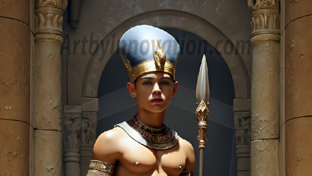 King Tutankhamun - Egyptian Pharaoh. An AI generated photo of the teenaged Egyptian Faro standing proud. Wearing a shendyt, leaving the legs & hips exposed, an elaborate headdresses, arm cuffs, and jewelry, to symbolize his power and divine status. The young Egyptian Faro is in an Grand Egyptian temple with golden pillars and vibrantly colored Egyptian hieroglyphs.