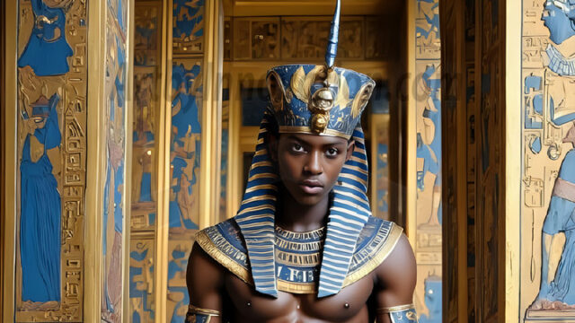 King Tutankhamun - Egyptian Pharaoh. An AI generated photo of the teenaged Egyptian Faro standing proud. Wearing a shendyt, leaving the legs & hips exposed, an elaborate headdresses, arm cuffs, and jewelry, to symbolize his power and divine status. The young Egyptian Faro is in an Grand Egyptian temple with golden pillars and vibrantly colored Egyptian hieroglyphs.