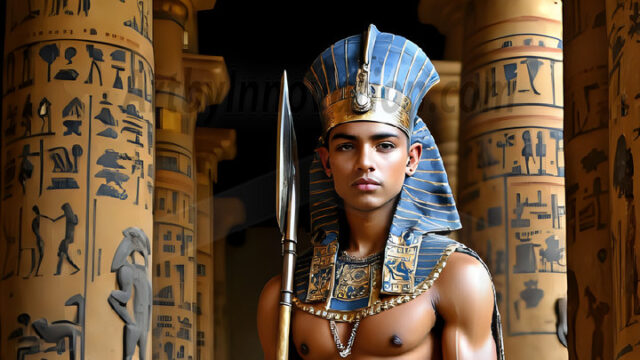 King Tutankhamun - Egyptian Pharaoh. An AI generated photo of the teenaged Egyptian Faro standing proud. Wearing a shendyt, leaving the legs & hips exposed, an elaborate headdresses, arm cuffs, and jewelry, to symbolize his power and divine status. The young Egyptian Faro is in an Grand Egyptian temple with golden pillars and vibrantly colored Egyptian hieroglyphs.