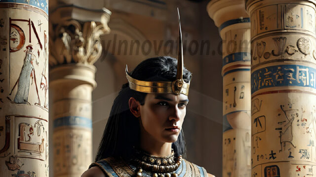 King Tutankhamun - Egyptian Pharaoh. An AI generated photo of the teenaged Egyptian Faro standing proud. Wearing a shendyt, leaving the legs & hips exposed, an elaborate headdresses, arm cuffs, and jewelry, to symbolize his power and divine status. The young Egyptian Faro is in an Grand Egyptian temple with golden pillars and vibrantly colored Egyptian hieroglyphs.