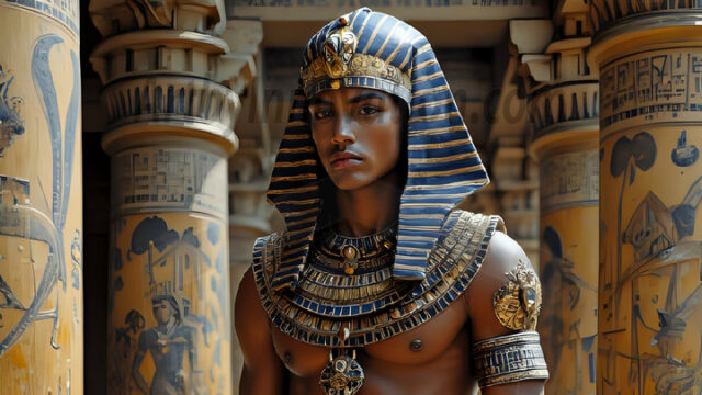 King Tutankhamun - Egyptian Pharaoh. An AI generated photo of the teenaged Egyptian Faro standing proud. Wearing a shendyt, leaving the legs & hips exposed, an elaborate headdresses, arm cuffs, and jewelry, to symbolize his power and divine status. The young Egyptian Faro is in an Grand Egyptian temple with golden pillars and vibrantly colored Egyptian hieroglyphs.