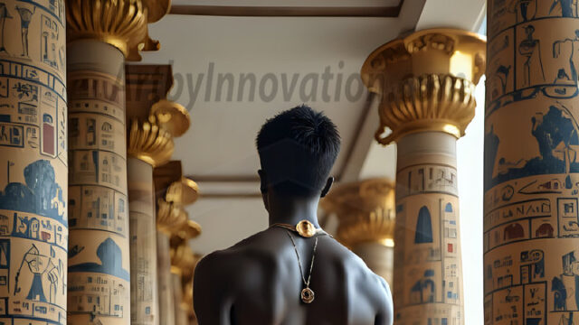 King Tutankhamun - Egyptian Pharaoh. An AI generated photo of the teenaged Egyptian Faro standing proud. Wearing a shendyt, leaving the legs & hips exposed, an elaborate headdresses, arm cuffs, and jewelry, to symbolize his power and divine status. The young Egyptian Faro is in an Grand Egyptian temple with golden pillars and vibrantly colored Egyptian hieroglyphs.